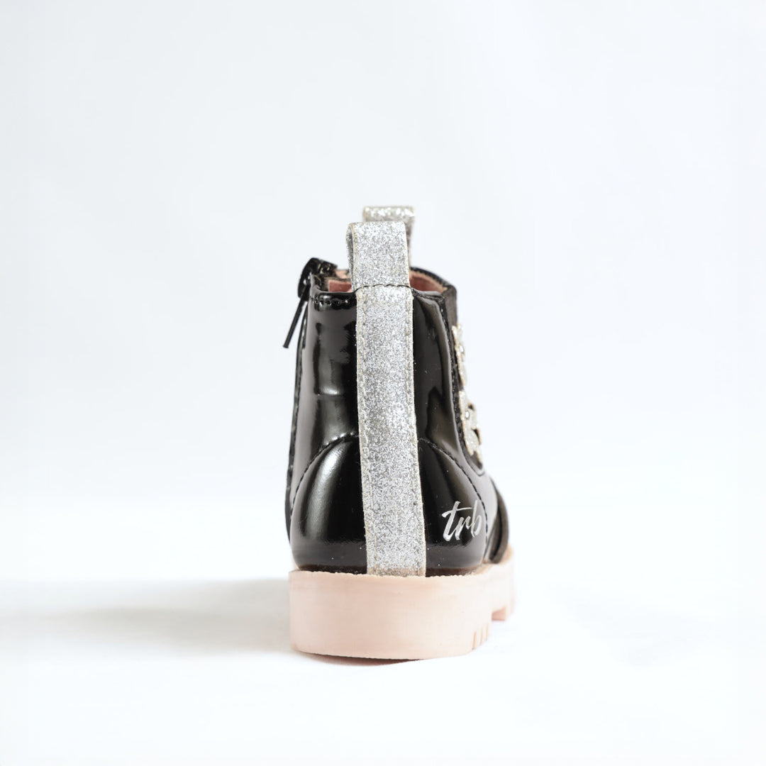 Patent Chelsea Boot.Flower Applique.