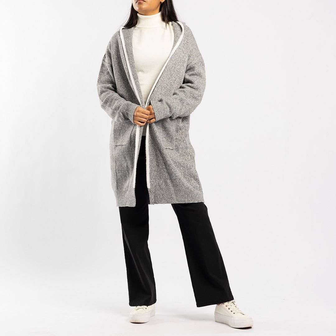 GREY LONG HOODED CARDIGAN