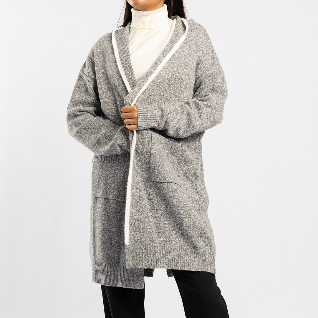 GREY LONG HOODED CARDIGAN