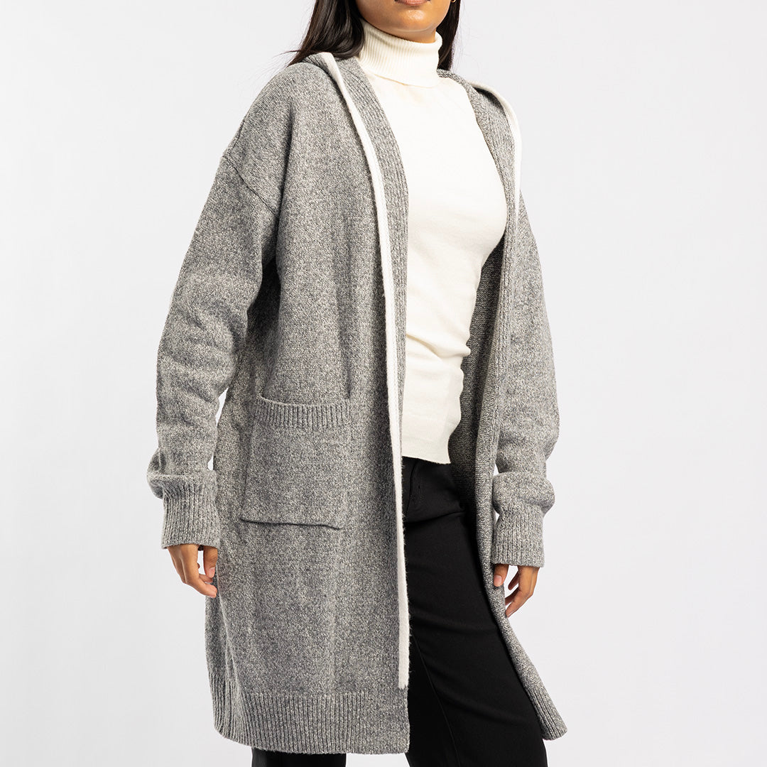 GREY LONG HOODED CARDIGAN