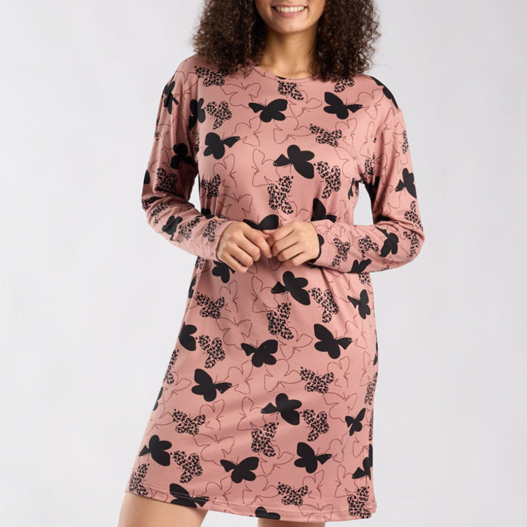 LADIES LQD TAUPE/BLACK BUTTERFLY AOP PRINTED SLEEPSHIRT