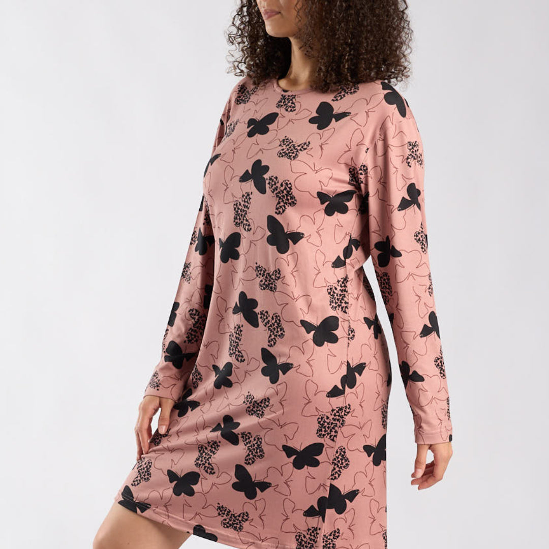 LADIES LQD TAUPE/BLACK BUTTERFLY AOP PRINTED SLEEPSHIRT