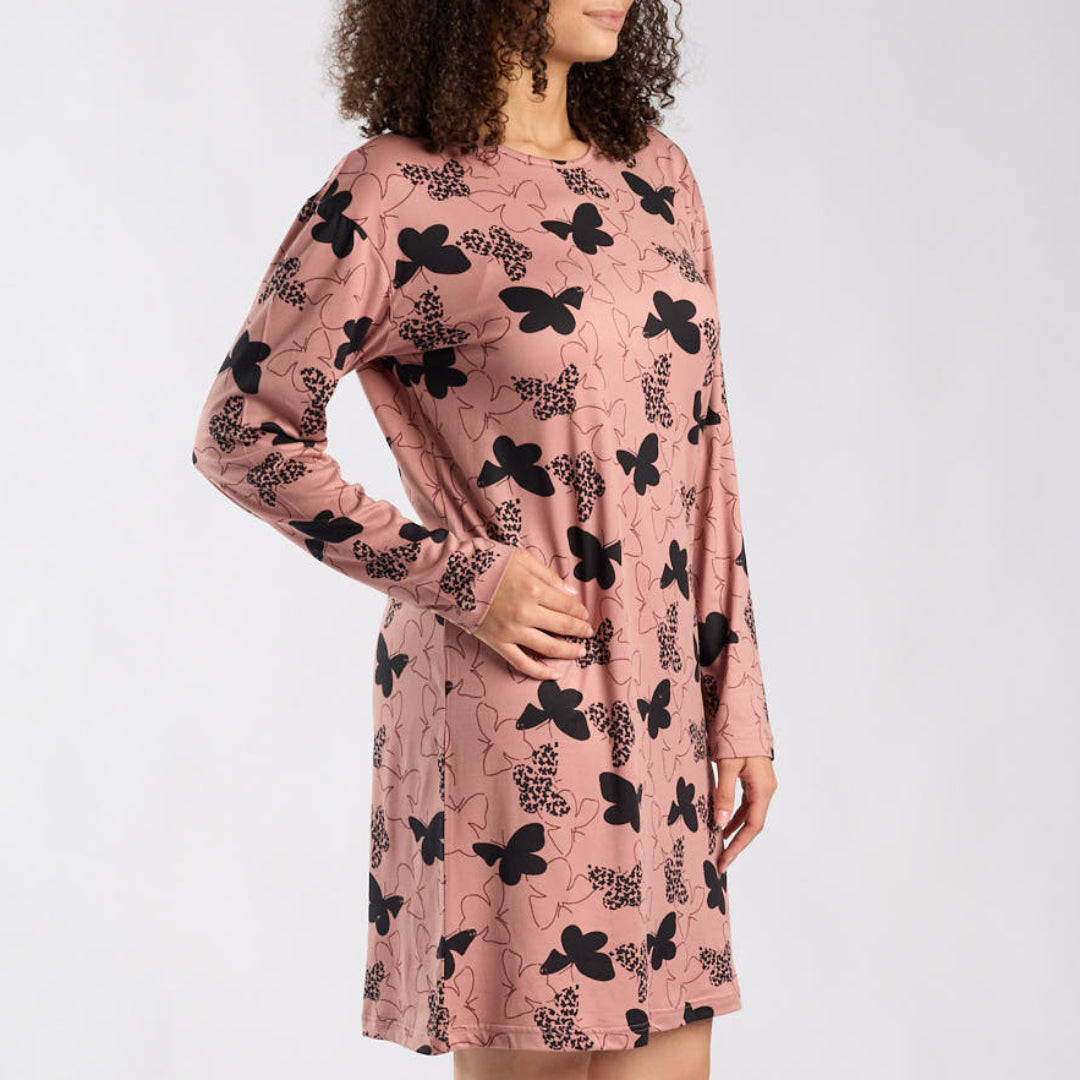 LADIES LQD TAUPE/BLACK BUTTERFLY AOP PRINTED SLEEPSHIRT