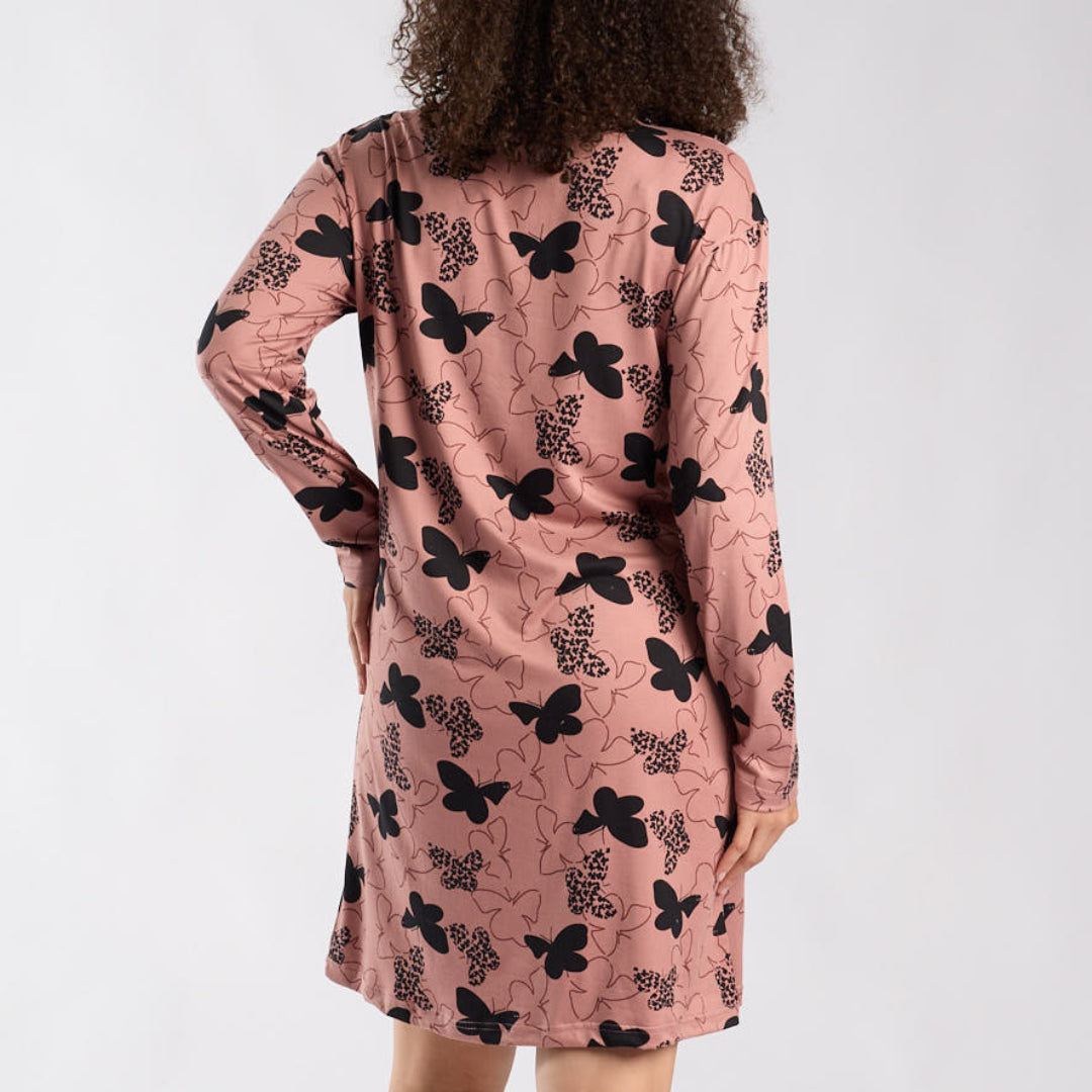 LADIES LQD TAUPE/BLACK BUTTERFLY AOP PRINTED SLEEPSHIRT