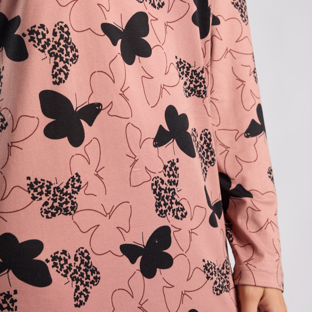 LADIES LQD TAUPE/BLACK BUTTERFLY AOP PRINTED SLEEPSHIRT