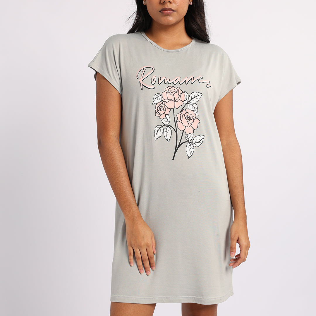 LADIES LQD PLAIN GREY SLEEPSHIRT WITH PRINT