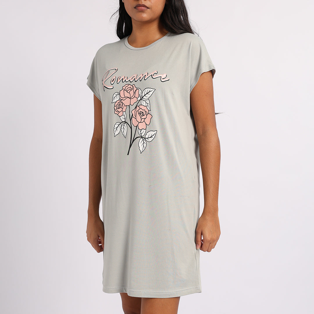 LADIES LQD PLAIN GREY SLEEPSHIRT WITH PRINT