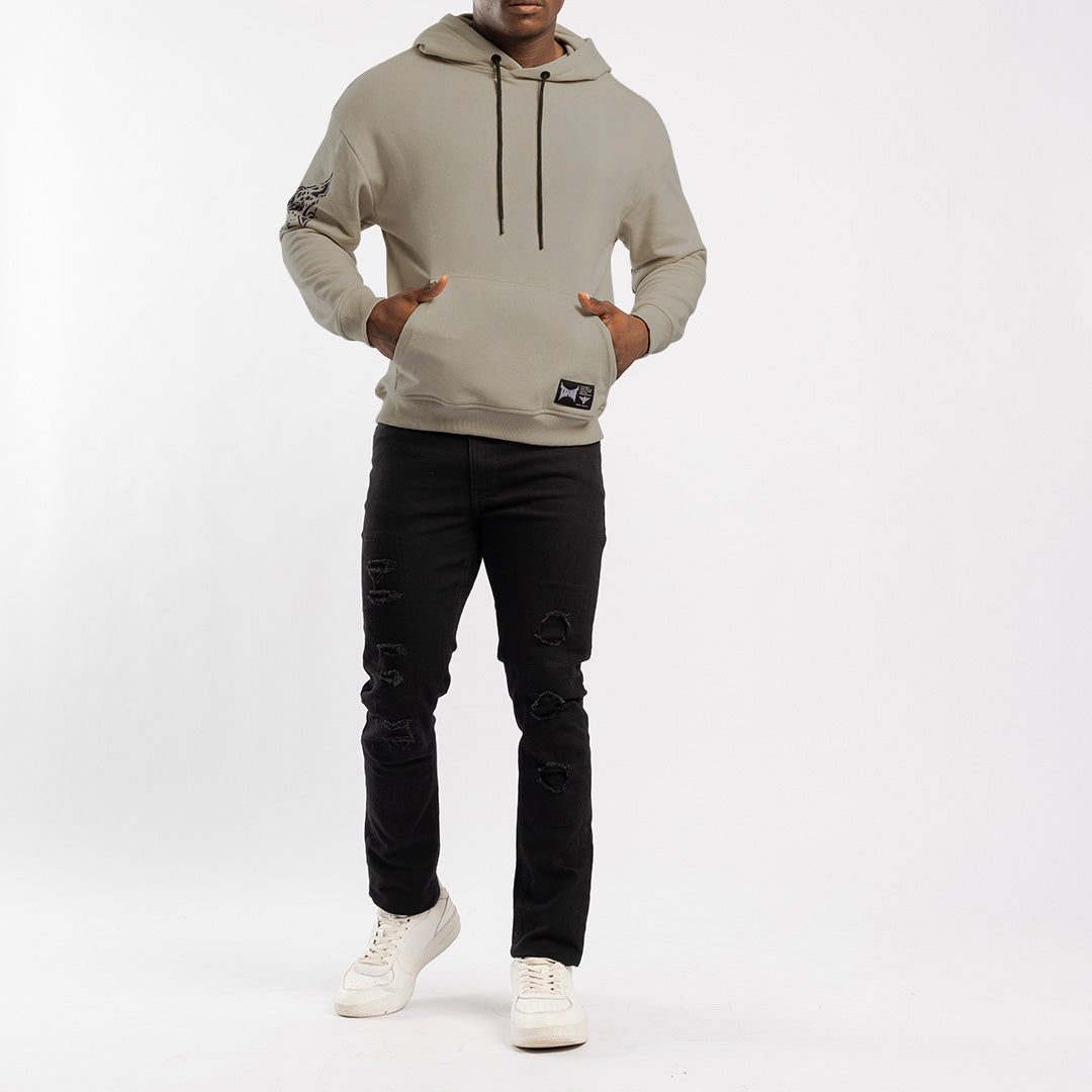 STONE UNBRUSHED HOODED SWEATER WITH SLEEVE PRINT