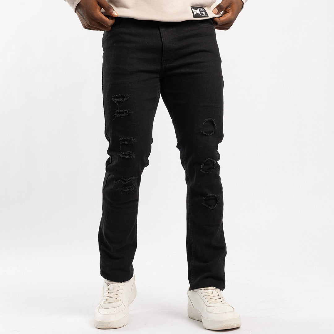 BLACK SKINNY DENIM JEANS WITH RIP AND REPAIR DETAIL