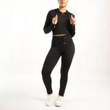 LADIES BLACK LONG SLEEVE RIBBED HOODED JACKET