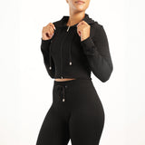 LADIES BLACK LONG SLEEVE RIBBED HOODED JACKET