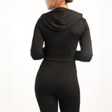 LADIES BLACK LONG SLEEVE RIBBED HOODED JACKET