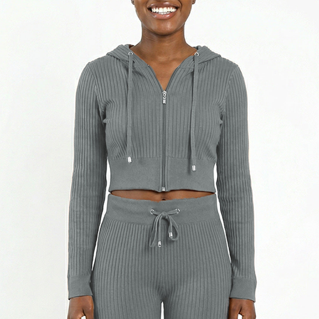 GREY LONG SLEEVE RIBBED HOODED JACKET