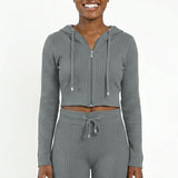 GREY LONG SLEEVE RIBBED HOODED JACKET