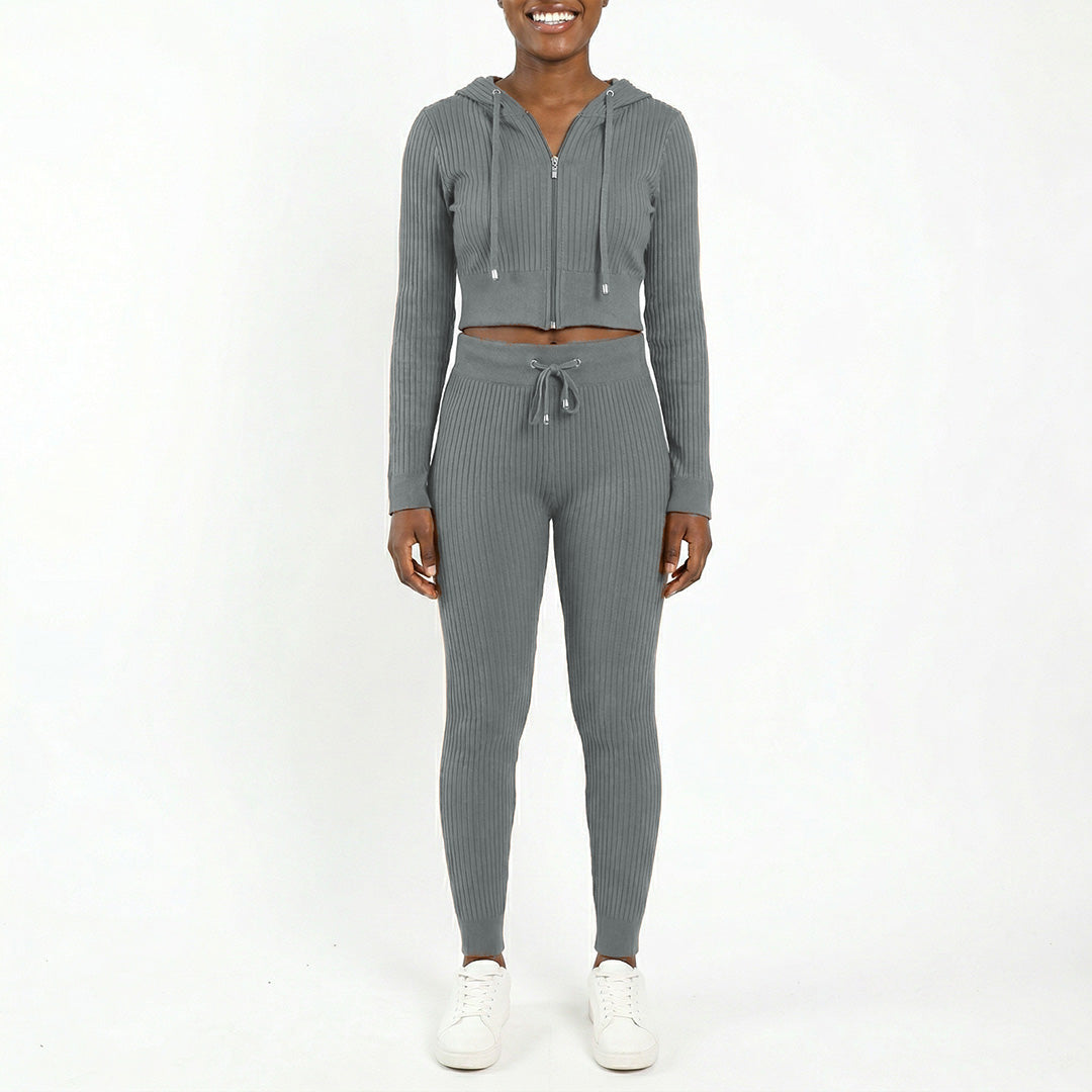 GREY LONG SLEEVE RIBBED HOODED JACKET