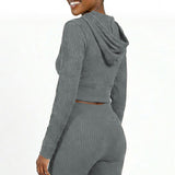 GREY LONG SLEEVE RIBBED HOODED JACKET