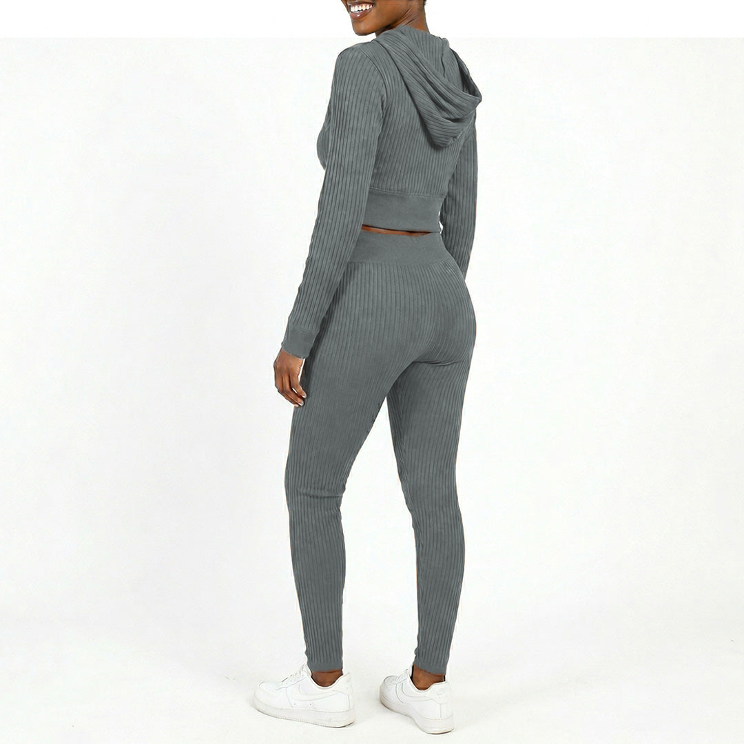 GREY LONG SLEEVE RIBBED HOODED JACKET