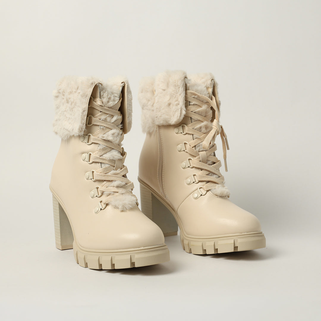 BEIGE LACE UP UTILITY HEEL BOOT
