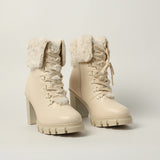 BEIGE LACE UP UTILITY HEEL BOOT