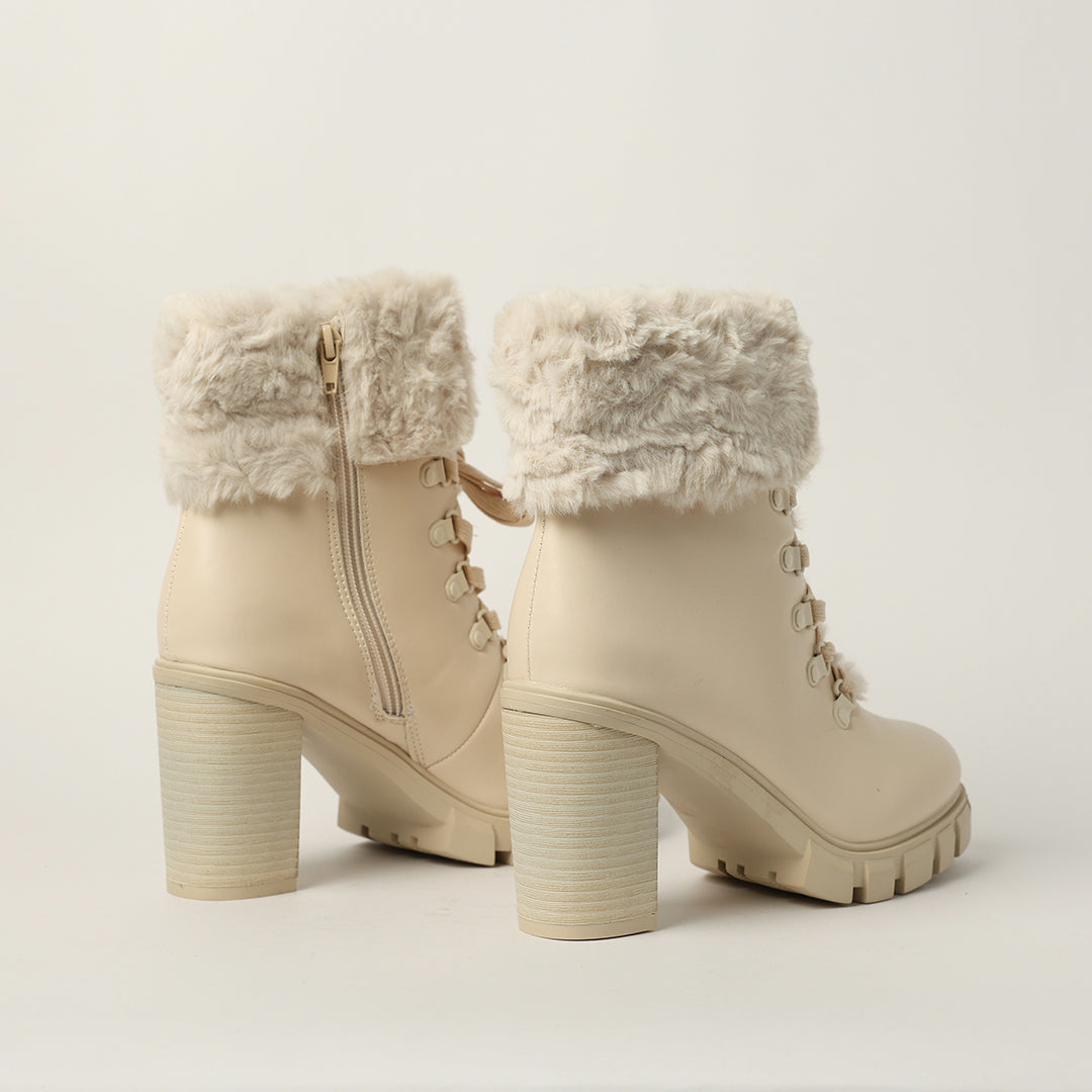 BEIGE LACE UP UTILITY HEEL BOOT