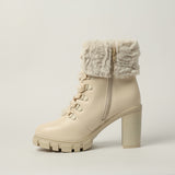 BEIGE LACE UP UTILITY HEEL BOOT
