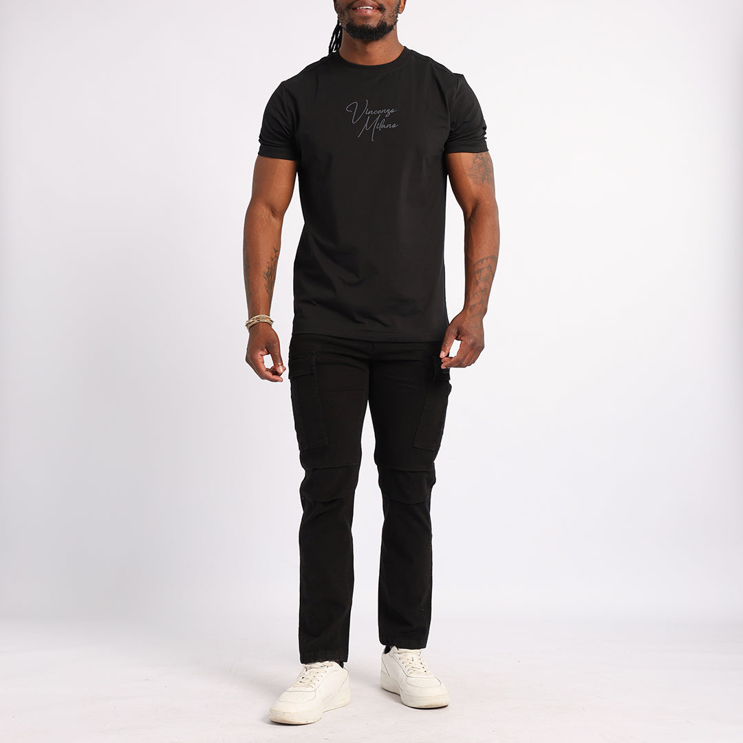 BLACK T-SHIRT WITH FRONT AND BACK PRINT