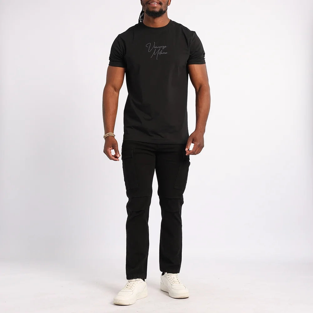 BLACK T-SHIRT WITH FRONT AND BACK PRINT