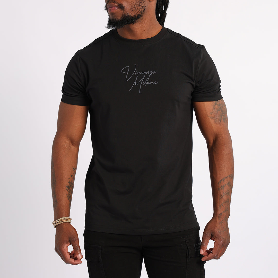 BLACK T-SHIRT WITH FRONT AND BACK PRINT