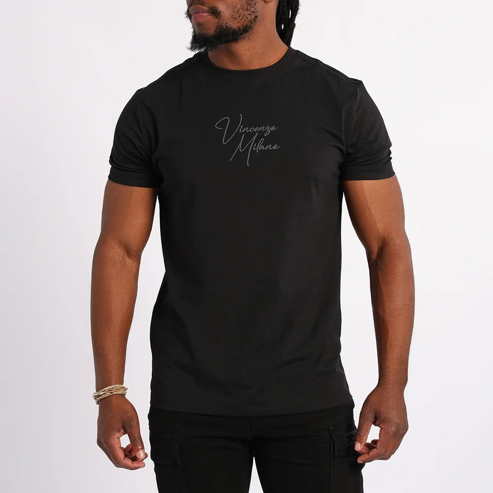 BLACK T-SHIRT WITH FRONT AND BACK PRINT