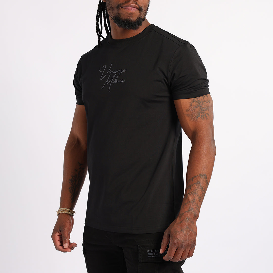 BLACK T-SHIRT WITH FRONT AND BACK PRINT