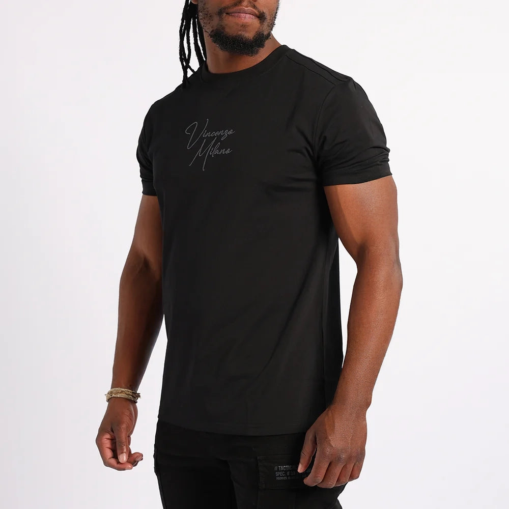 BLACK T-SHIRT WITH FRONT AND BACK PRINT