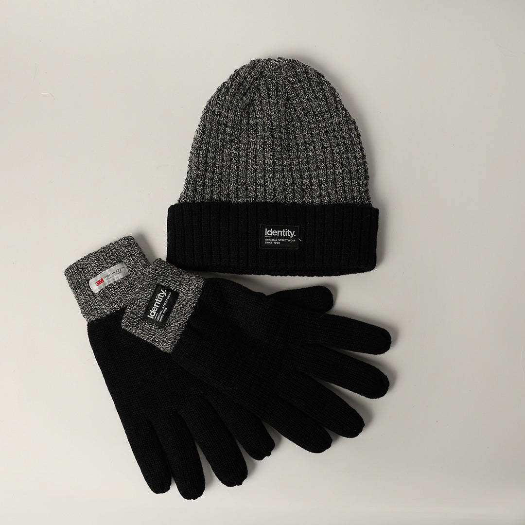 BLACK &amp; GREY TURN UP BEANIE WITH GLOVES (THINSULATE INSULATION)