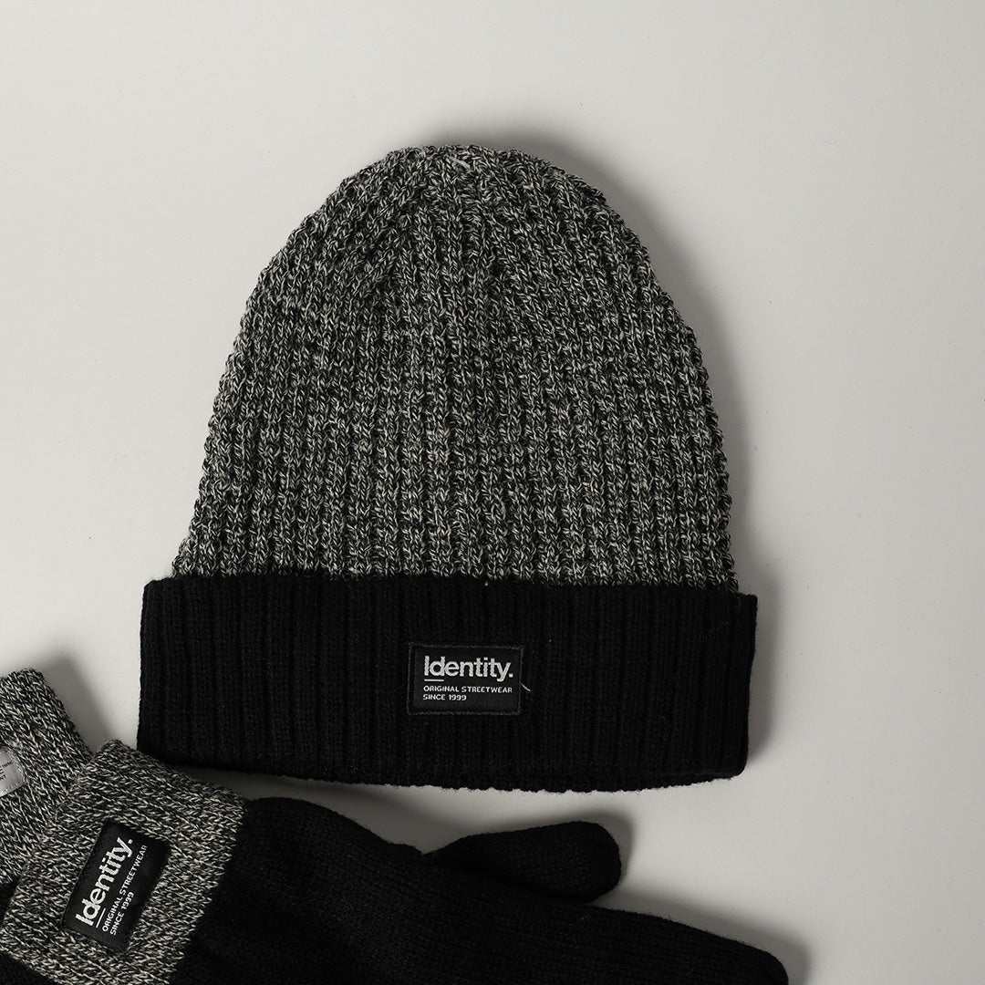 BLACK &amp; GREY TURN UP BEANIE WITH GLOVES (THINSULATE INSULATION)