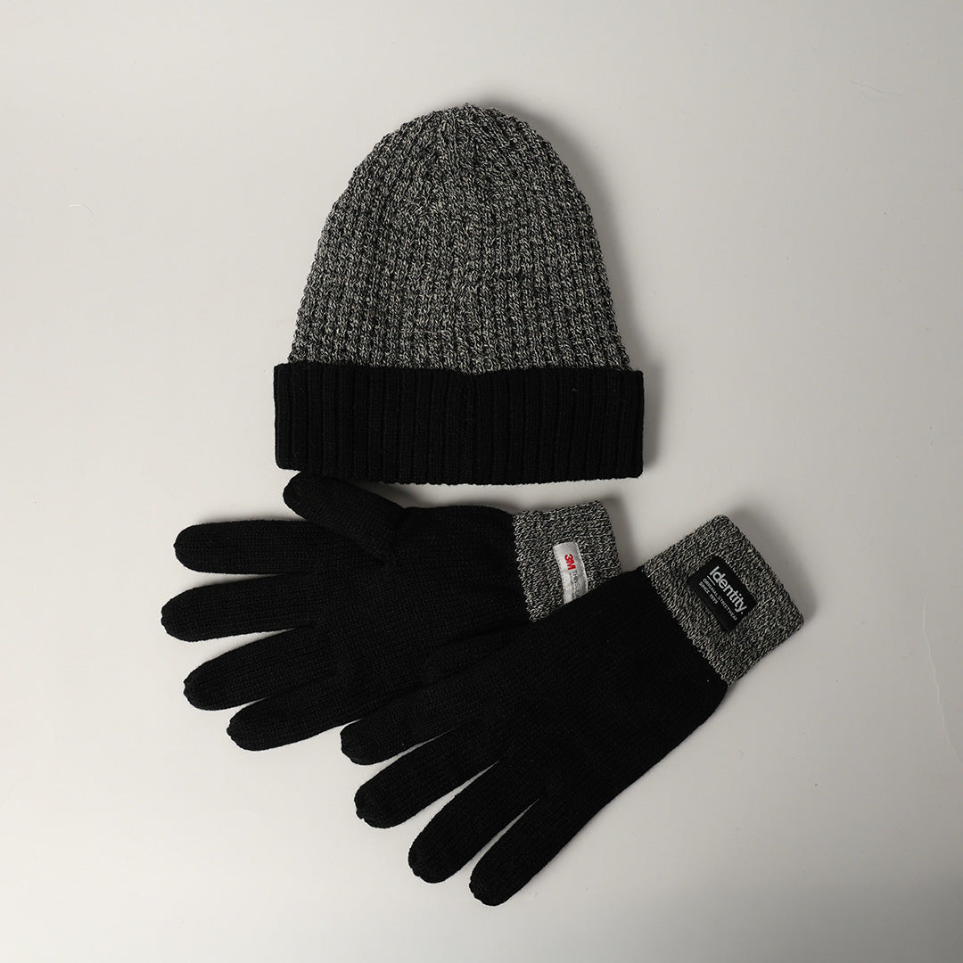 BLACK &amp; GREY TURN UP BEANIE WITH GLOVES (THINSULATE INSULATION)