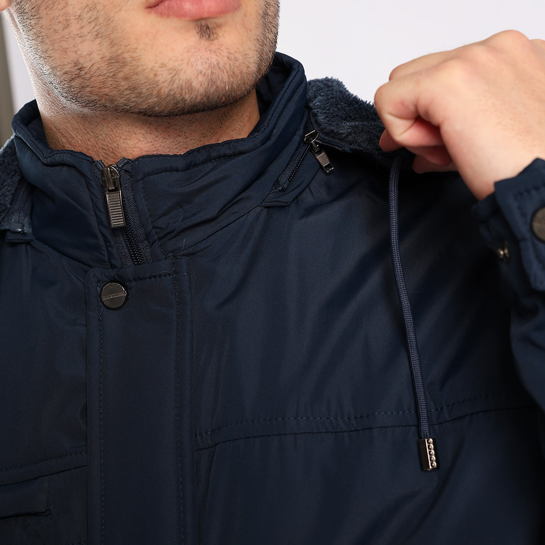 NAVY PADDED LINED JACKET (DETATCHABLE HOOD)