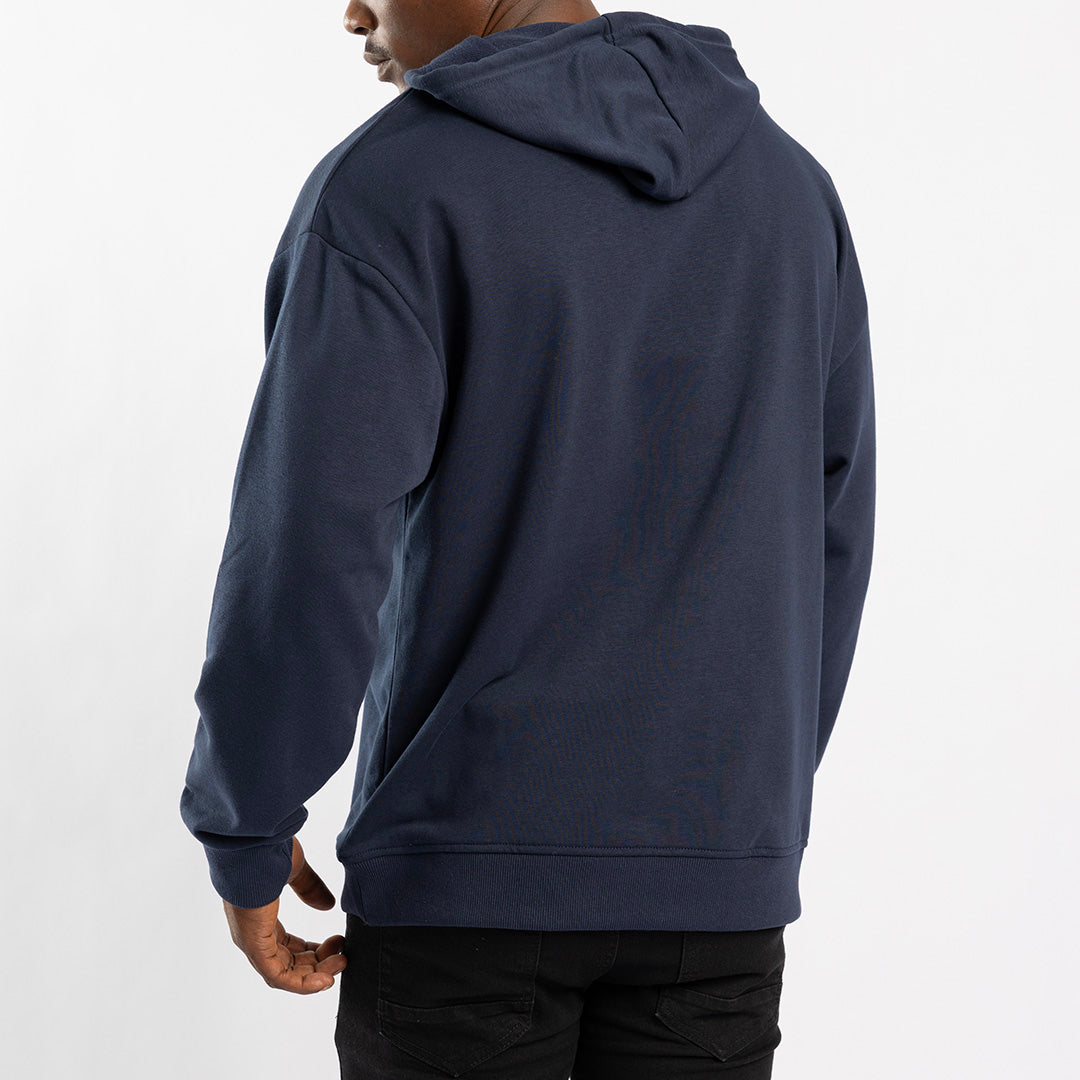 NAVY UNBRUSHED HOODED PRINTED SWEATER