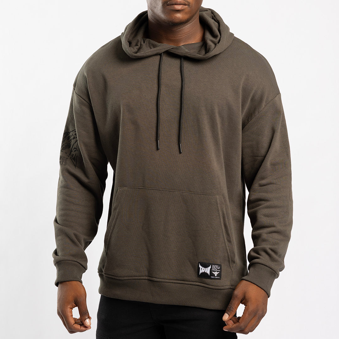OLIVE UNBRUSHED HOODED SWEATER WITH SLEEVE PRINT
