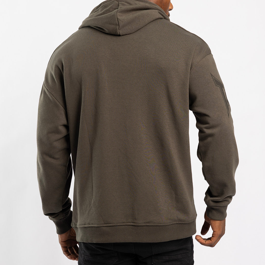 OLIVE UNBRUSHED HOODED SWEATER WITH SLEEVE PRINT
