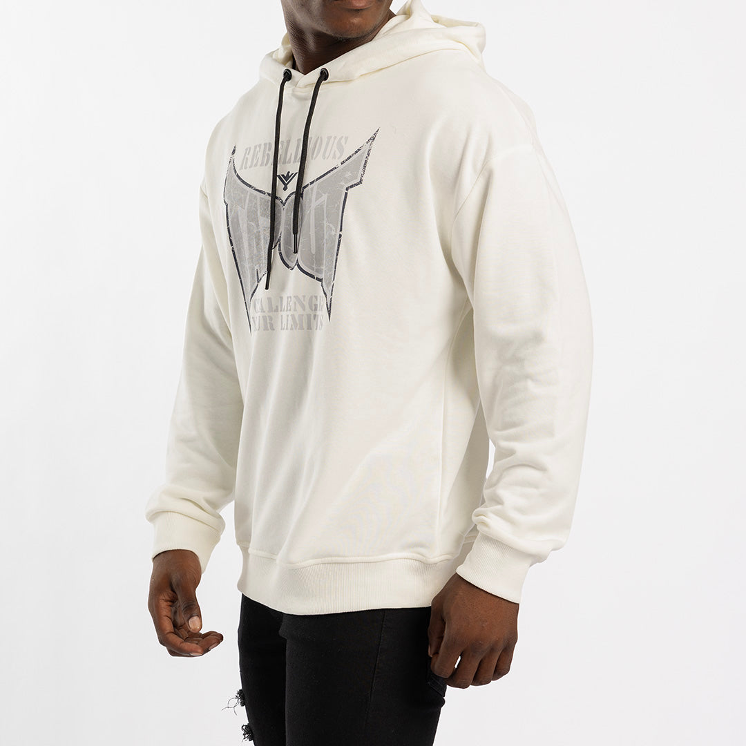WHITE UNBRUSHED HOODED PRINTED SWEATER