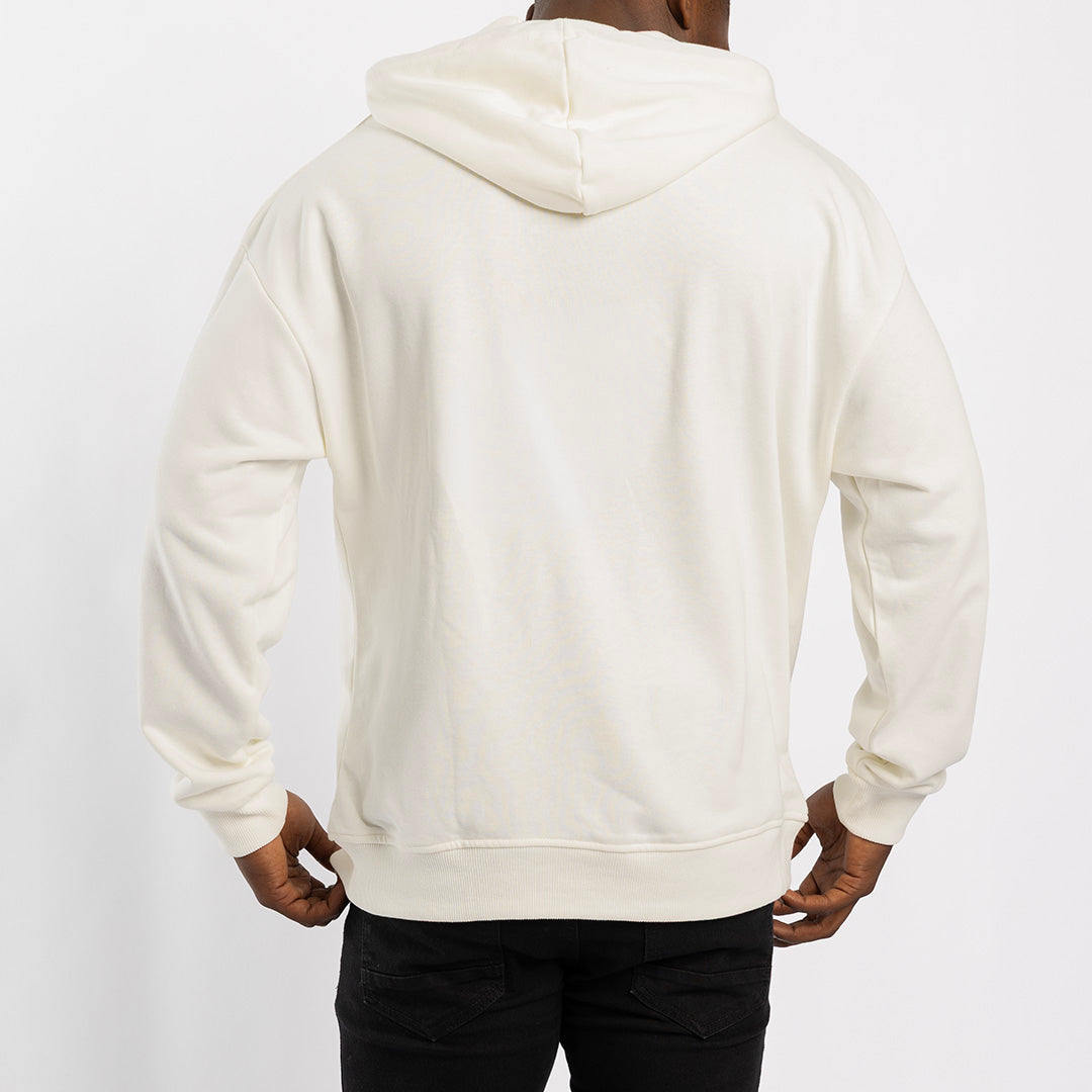 WHITE UNBRUSHED HOODED PRINTED SWEATER