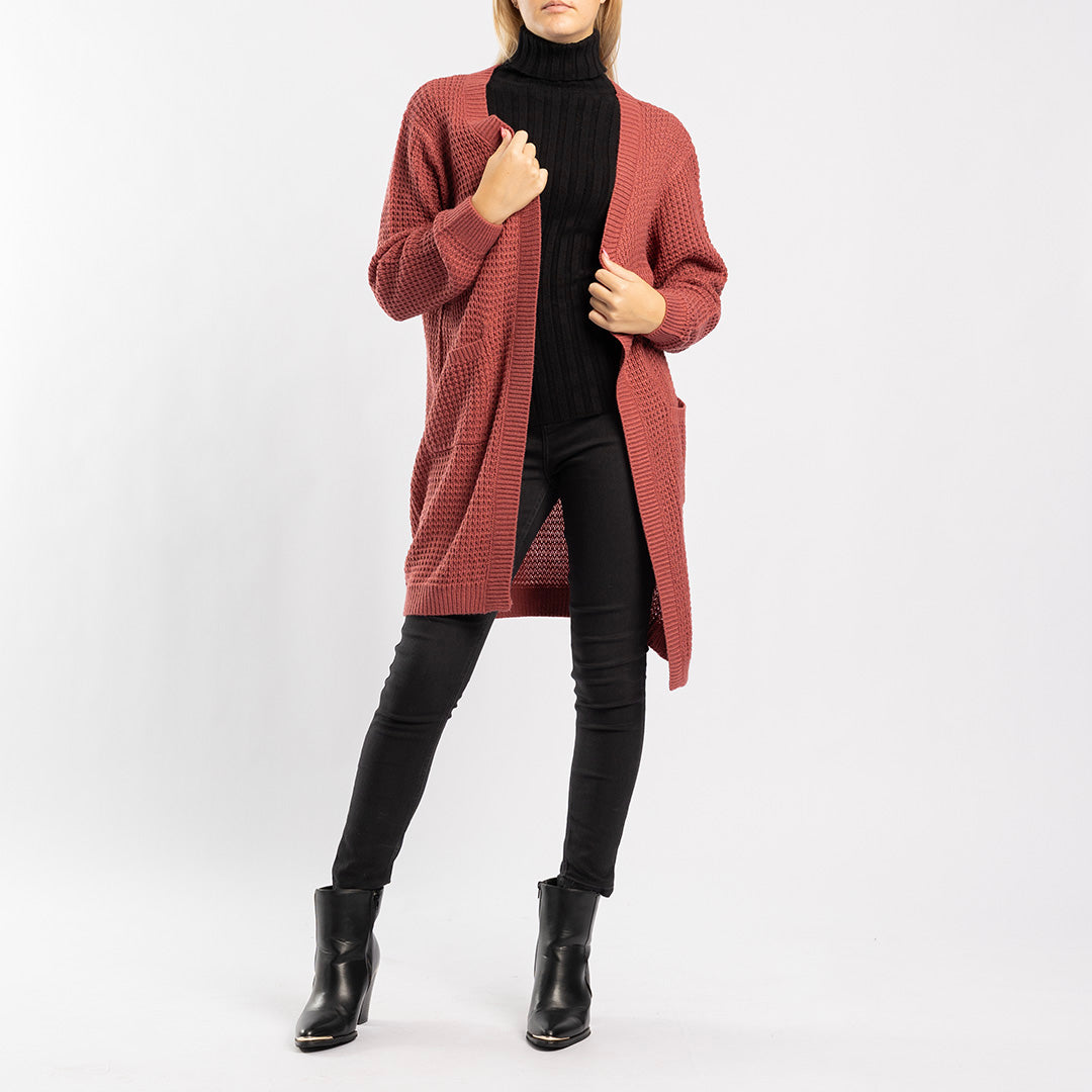 DARK PINK LONG SLEEVE KNIT OPEN CARDIGAN