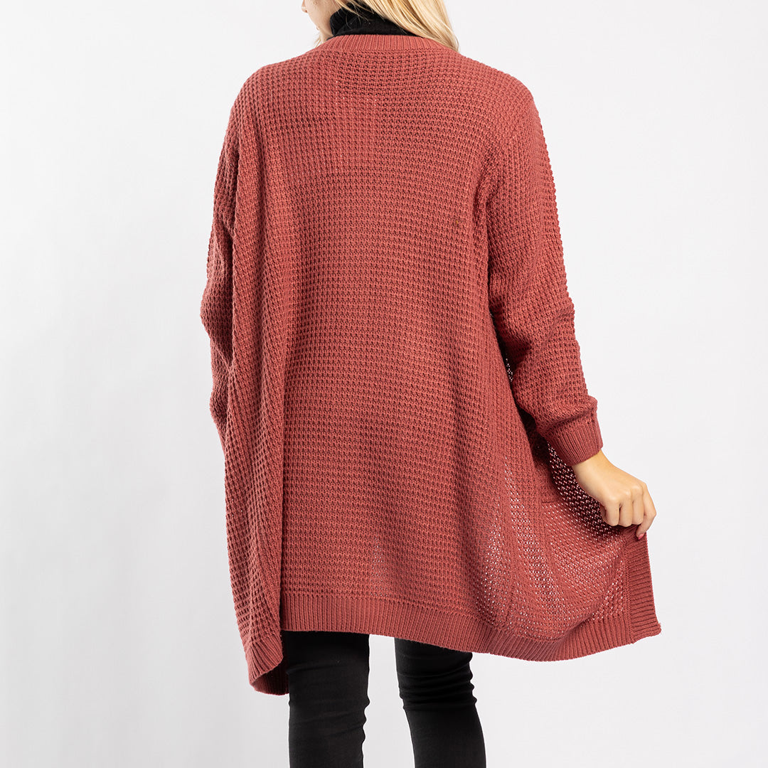 DARK PINK LONG SLEEVE KNIT OPEN CARDIGAN