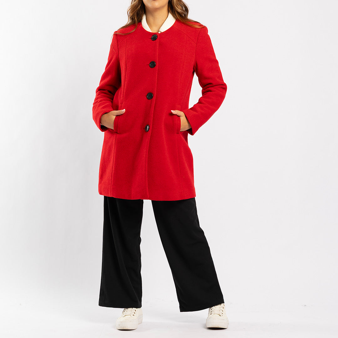 RED LONG SLEEVE COAT WITH BUTTON DETAIL