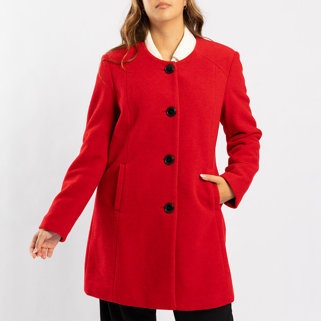 RED LONG SLEEVE COAT WITH BUTTON DETAIL