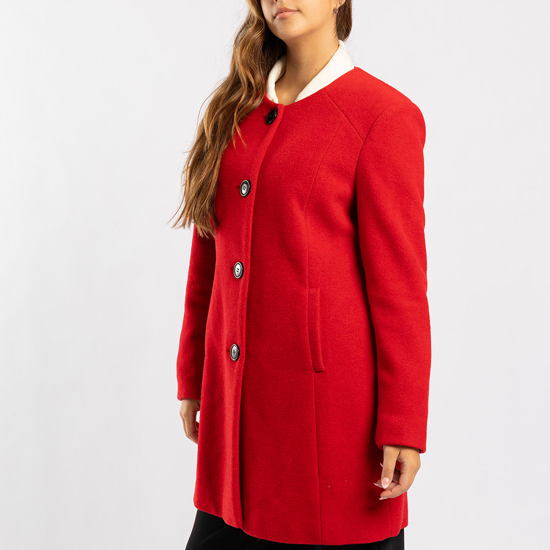 RED LONG SLEEVE COAT WITH BUTTON DETAIL