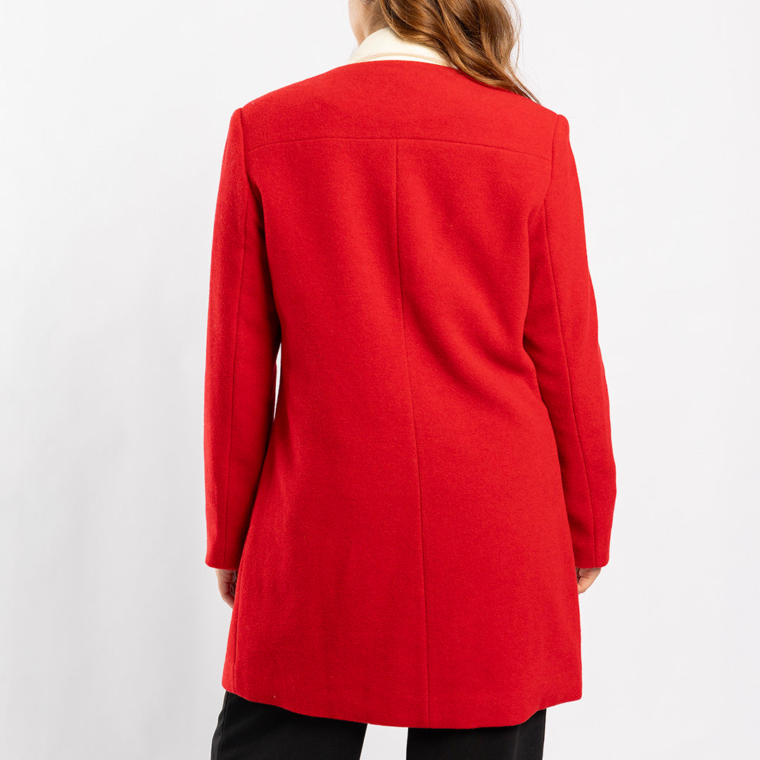 RED LONG SLEEVE COAT WITH BUTTON DETAIL