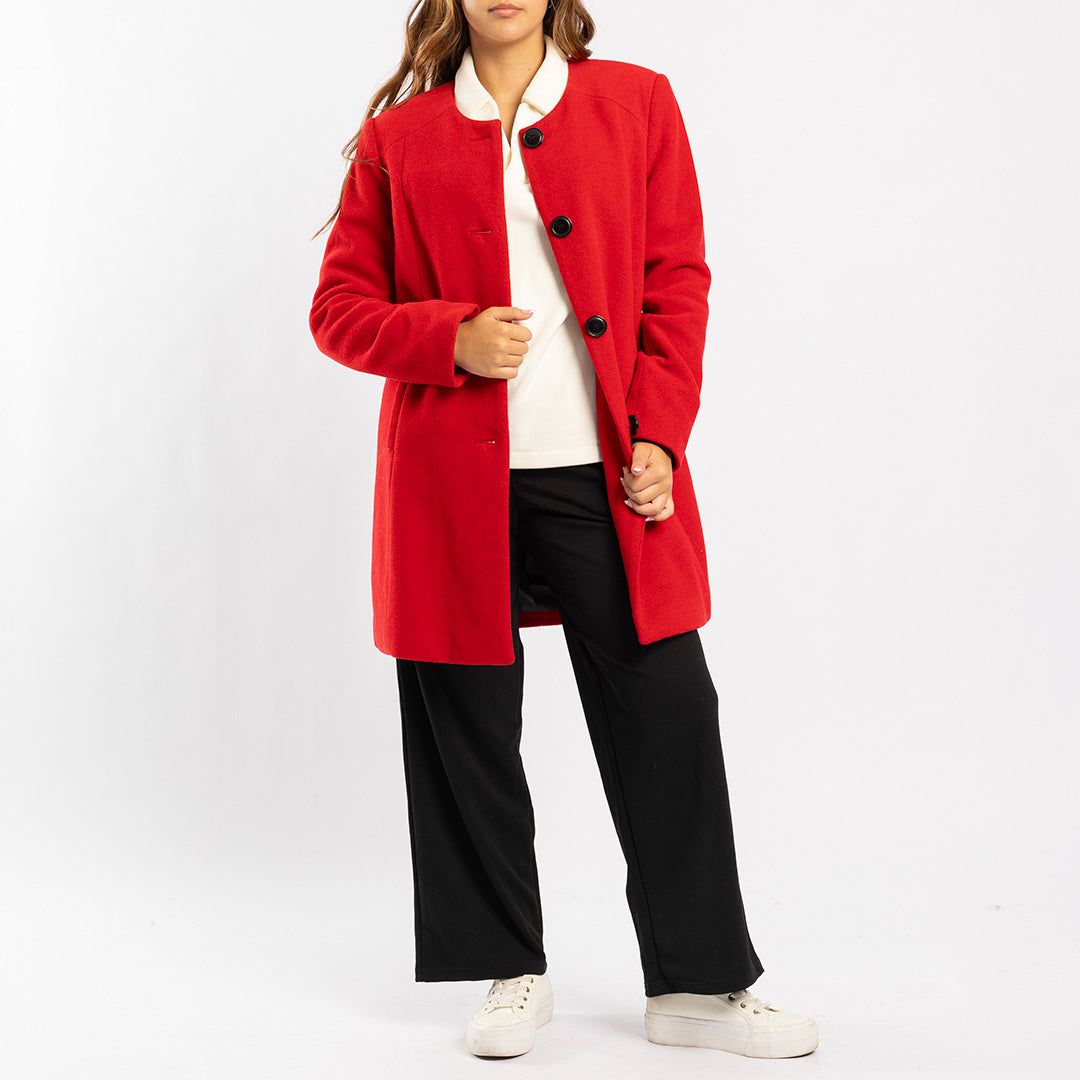 RED LONG SLEEVE COAT WITH BUTTON DETAIL