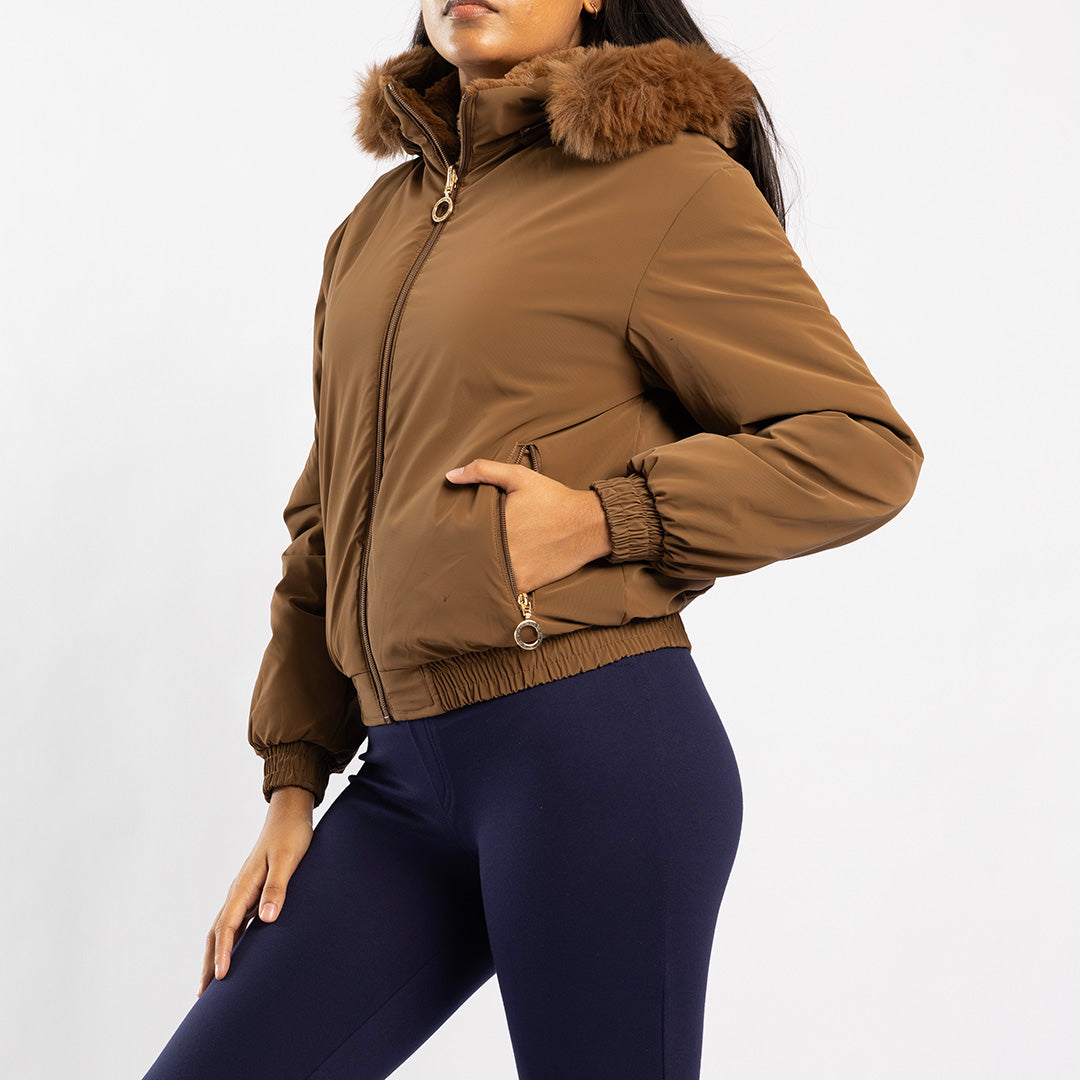 BROWN LONG SLEEVE HOODED JACKET