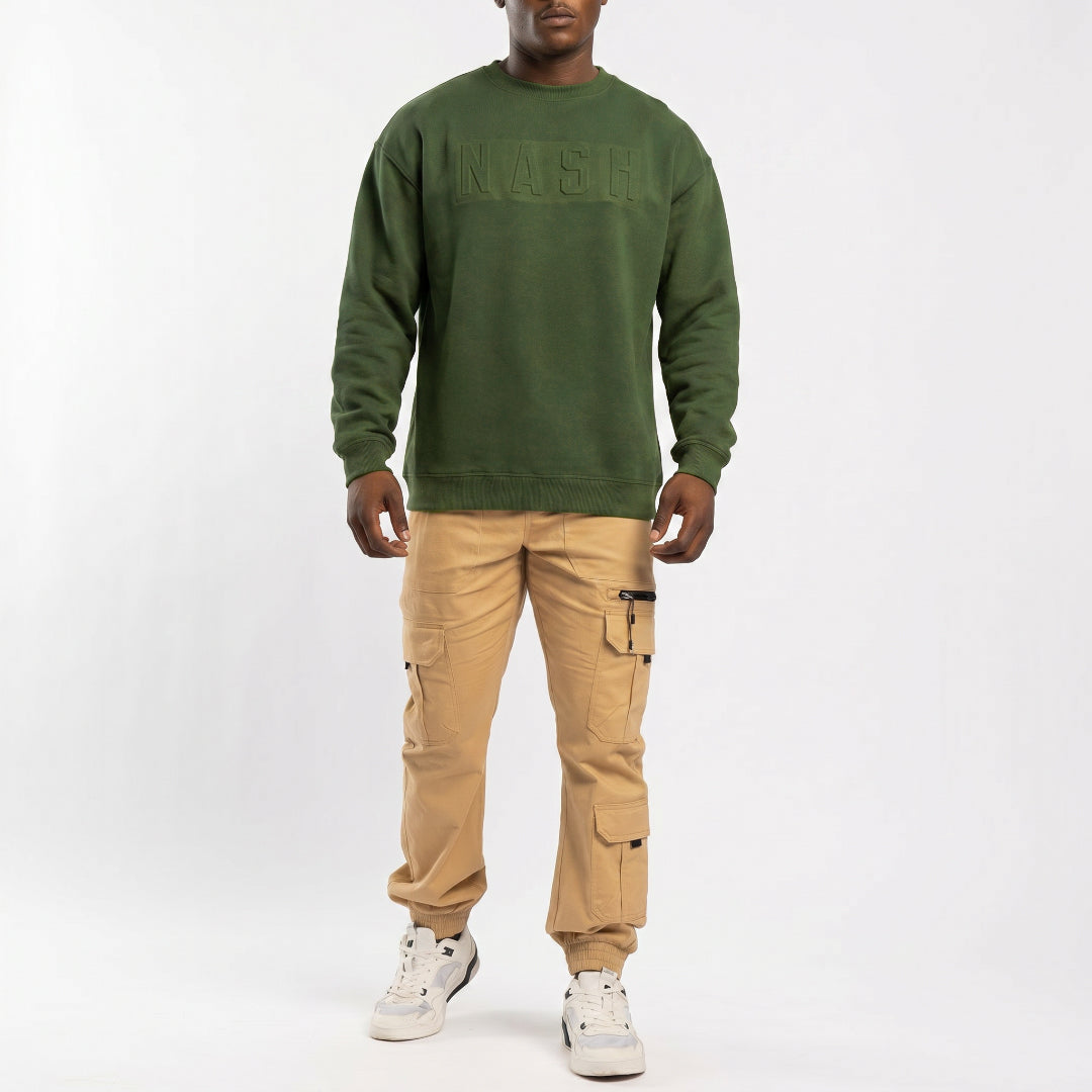 OLIVE EMBOSSED CREW-NECK SWEATER