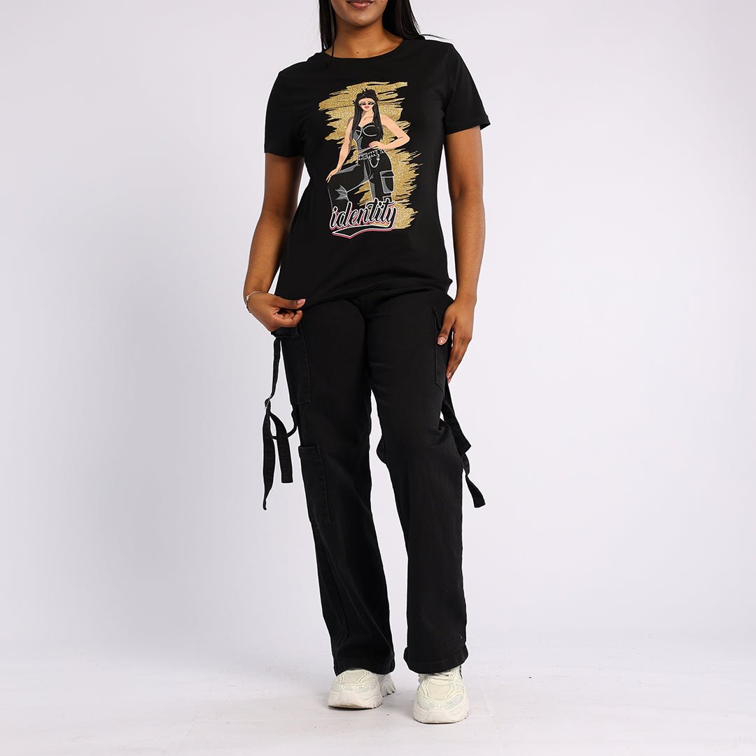 BLACK PRINTED SHORT SLEEVE TOP
